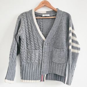 Thom Browne 4-Bar Asymmetric Preppy Cable Knit Grey Wool Cardigan